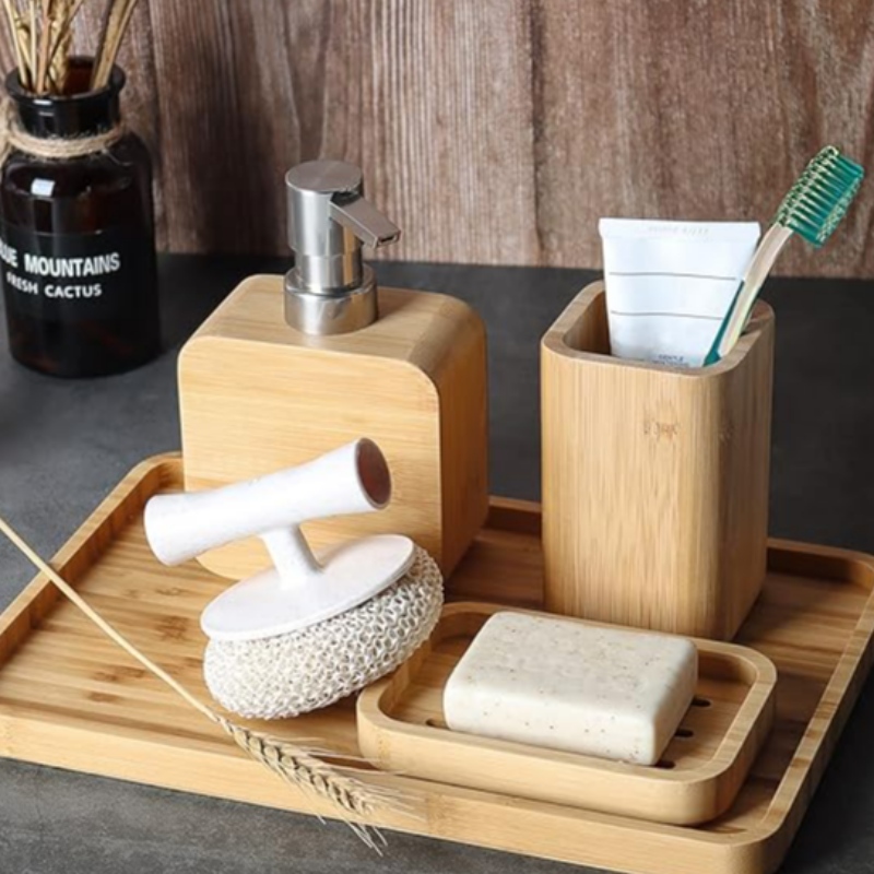 Ръчно изработена бамбукова мивка&Баня аксесоар комплекти ретро комплект, естествен, държач за сапун за душ, дозатор за сапун, чаша за вода за уста, чаша за изплакване, организатор за хотел, къща, офис